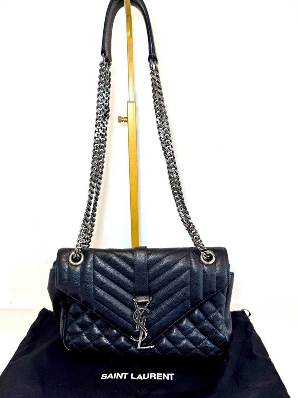 Saint Laurent Black Leather Medium Envelope Shoulder Bag W Silver Chain